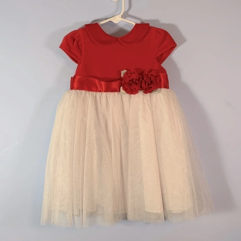 Little me red velvet Peter pan collar white tulle skirt silver glitter red bow